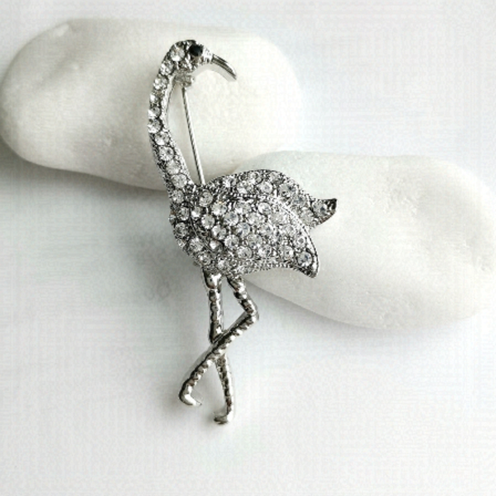 NEW, silver crystal flamingo brooch pin
